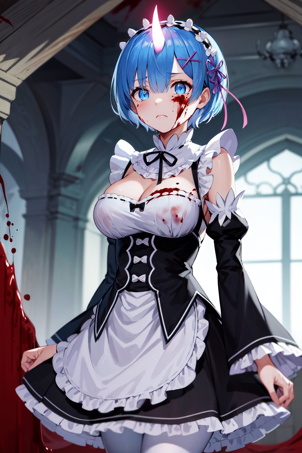 masterpiece, best quality, highres, aarem, short hair, maid headdress, x hair ornament, hair ribbon, single horn, glowing horns, large breasts, frills, neck ribbon, cleavage, dress, detached sleeves, white apron, waist apron, white pantyhose, <lora:rem_v1:0.8>, cave, (blood:1.3), standing, serious, frown, 