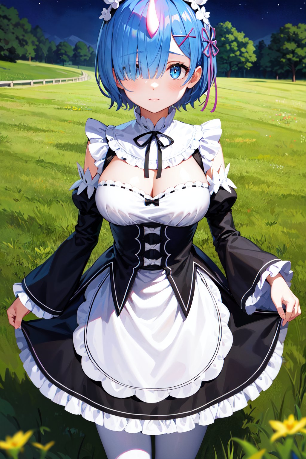 masterpiece, best quality, highres, aarem, short hair, maid headdress, x hair ornament, hair ribbon, single horn, glowing horns, hair over one eye, large breasts, frills, neck ribbon, cleavage, dress, detached sleeves, white apron, waist apron, white pantyhose, <lora:rem_v1:0.8>, serious, frown, night, field, grass, standing, cowboy shot, looking at viewer,