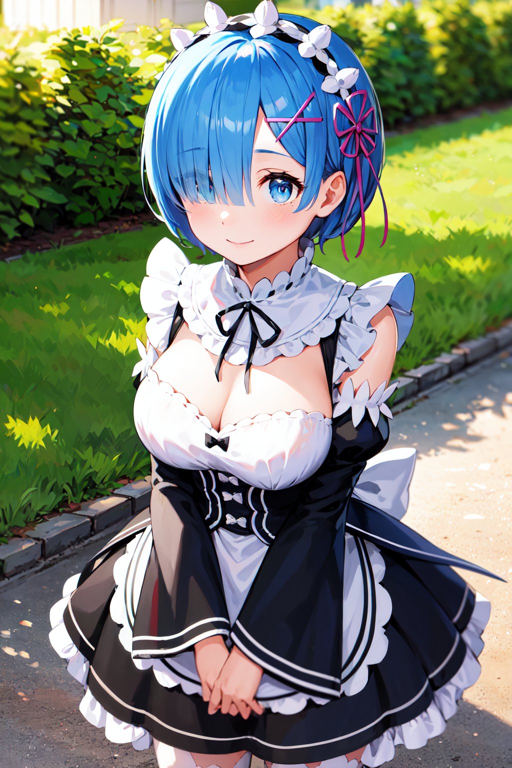 masterpiece, best quality, highres, aarem, short hair, maid headdress, x hair ornament, hair ribbon, hair over one eye, large breasts, frills, neck ribbon, cleavage, dress, detached sleeves, white apron, waist apron, white pantyhose, <lora:rem_v1:0.8>, standing, cowboy shot, smile, outdoors, v arms,