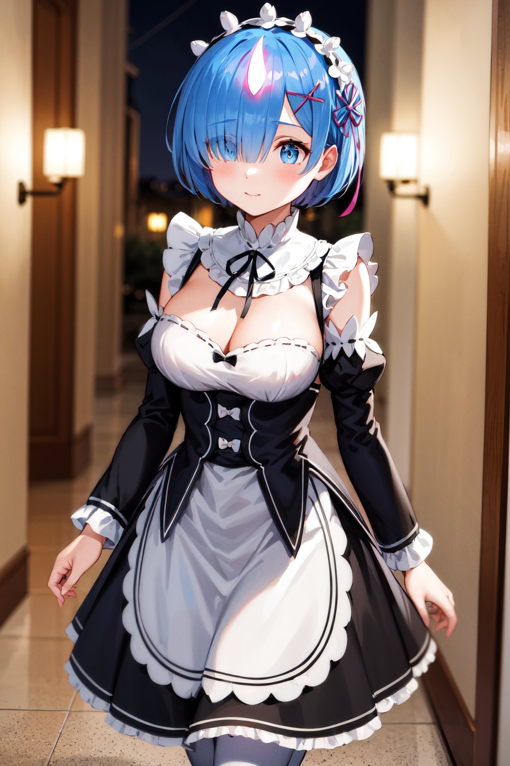 masterpiece, best quality, highres, aarem, short hair, maid headdress, x hair ornament, hair ribbon, single horn, glowing horns, hair over one eye, large breasts, frills, neck ribbon, cleavage, dress, detached sleeves, white apron, waist apron, white pantyhose, <lora:rem_v1:0.8>, serious, night, indoors, walking, cowboy shot, hallway, 
