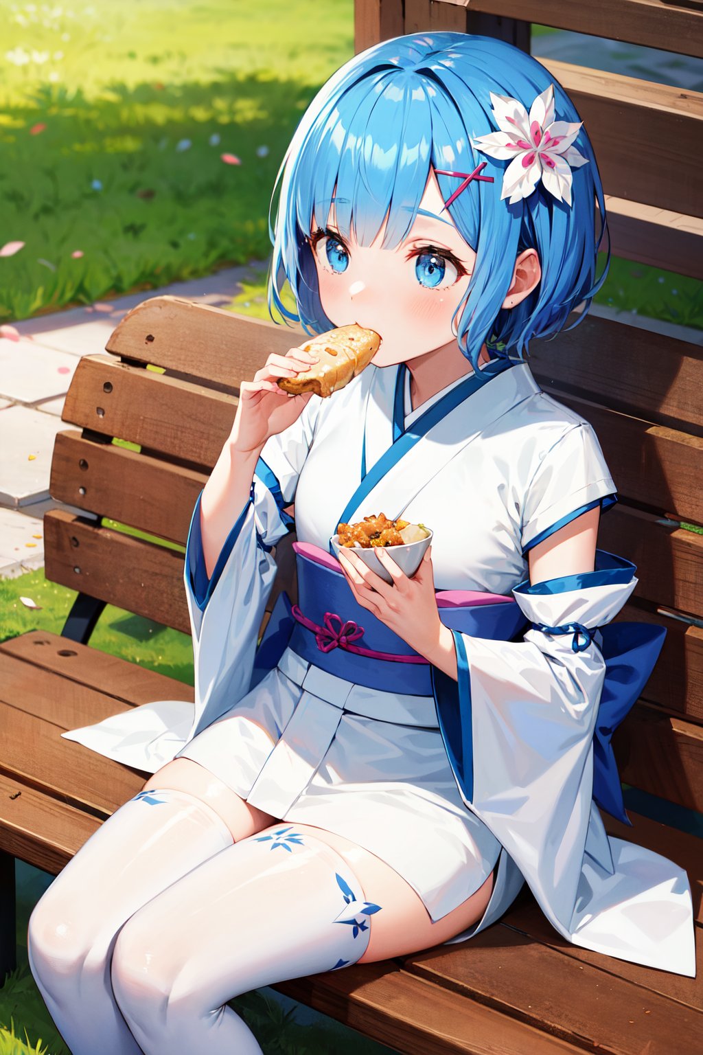masterpiece, best quality, highres, bbrem, short hair, x hair ornament, japanese clothes, white kimono, short kimono, detached sleeves, wide sleeves, sash, white thighhighs, aged down, <lora:rem_v1:0.8>, sitting, food, eating, bench, outdoor, petals