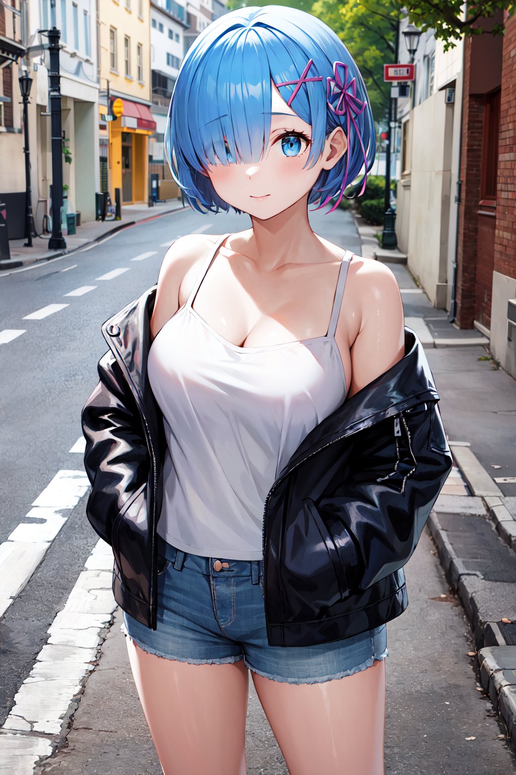 masterpiece, best quality, highres, aarem, short hair, x hair ornament, hair ribbon, hair over one eye, large breasts, <lora:rem_v1:0.8>, shirt, shorts, camisole, sleeveless, street, jacket, off shoulder, hands in pockets, 