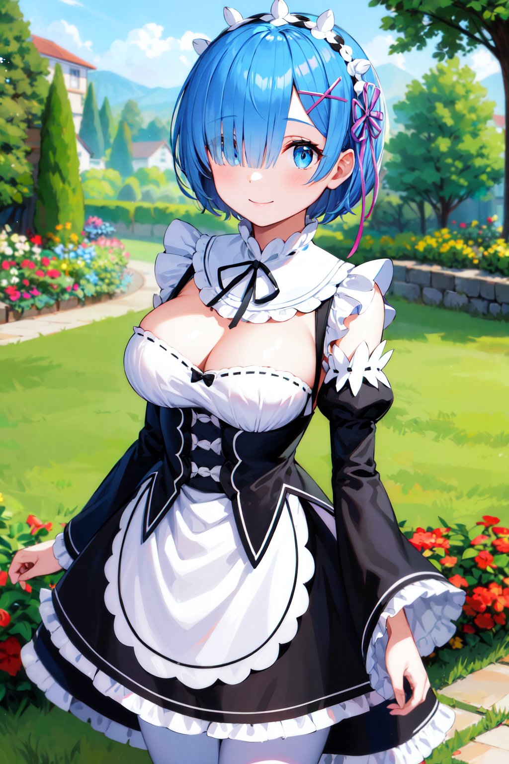 masterpiece, best quality, highres, aarem, short hair, maid headdress, x hair ornament, hair ribbon, hair over one eye, large breasts, frills, neck ribbon, cleavage, dress, detached sleeves, white apron, waist apron, white pantyhose, <lora:rem_v1:0.8>, standing, cowboy shot, smile, outdoors, garden