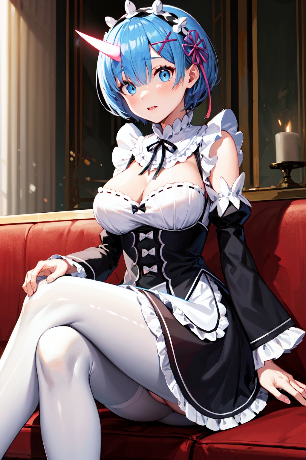 masterpiece, best quality, highres, aarem, short hair, maid headdress, x hair ornament, hair ribbon, single horn, glowing horns, large breasts, frills, neck ribbon, cleavage, dress, detached sleeves, white apron, waist apron, white pantyhose, <lora:rem_v1:0.8>, crossed legs, mary janes