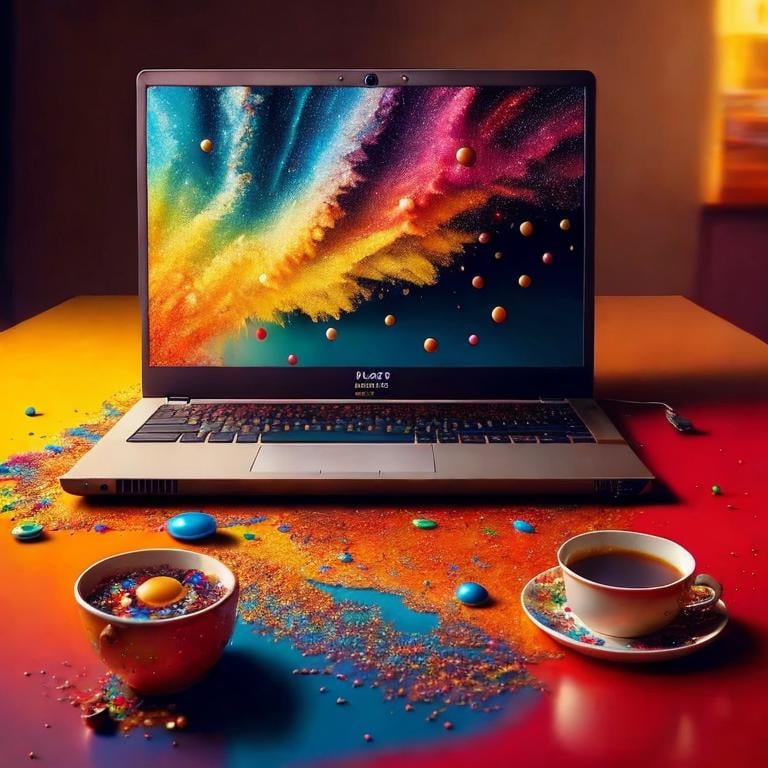 a sprinkled laptop sitting on top of a table, hyper realistic digital painting, colorful hyperrealism, amazing food illustration, blender laptop, amazing food photography, hyper realistic oil painting, hyper realistic color photo, ultrarealistic oil painting, realistic colorful photography, hyper - realistic oil painting, hyper-realistic oil painting, beautiful 3d render, hyperrealistic digital painting