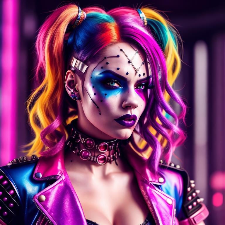 a woman with colorful hair and makeup, cyberpunk style ， hyperrealistic, hyper-realistic cyberpunk style, cgsociety saturated colors, cyberpunk vibrant colors, cyberpunk art style, vibrant fan art, trending on artstation.', portrait of harley quinn, trending on cgsociety art, trending on cgsociety, cyberpunk look, harley quinn, trending on artstation hd, cyberpunk style color