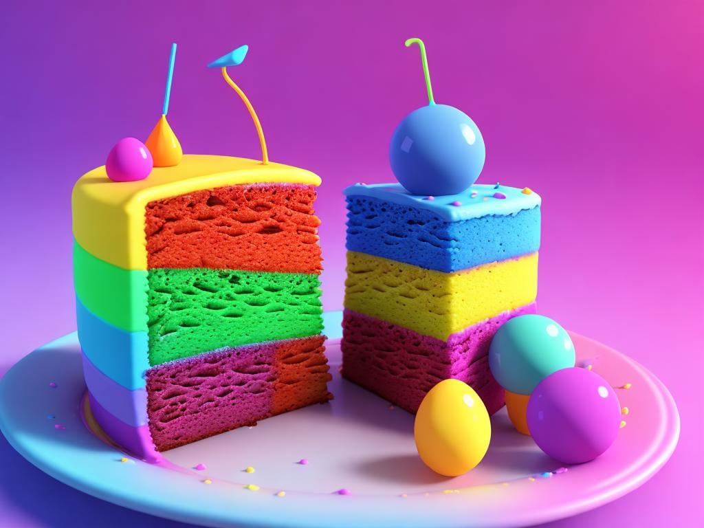 a piece of cake sitting on top of a plate, cake art, 4k polymer clay food photography, cake sculpture, cinema 4d colorful render, cool 3d visualisation, satisfying render, ultraviolet and neon colors, 3 d render beeple, ultraviolet photography, rendered in cinema 4 d octane, highly detailed melted wax, trend on behance 3d art