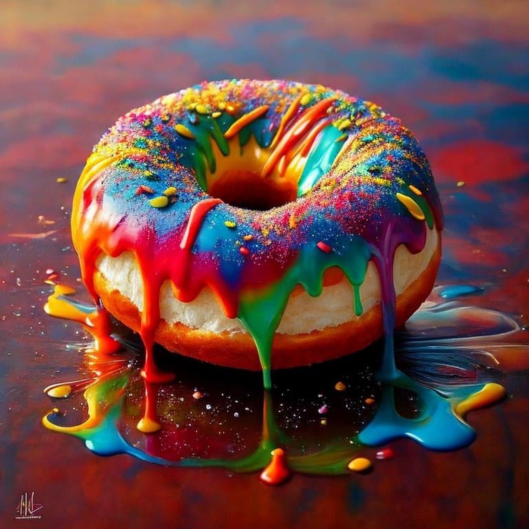 a sprinkled donut sitting on top of a table, hyper realistic digital painting, colorful hyperrealism, amazing food illustration, blender donut, amazing food photography, hyper realistic oil painting, hyper realistic color photo, ultrarealistic oil painting, realistic colorful photography, hyper - realistic oil painting, hyper-realistic oil painting, beautiful 3d render, hyperrealistic digital painting