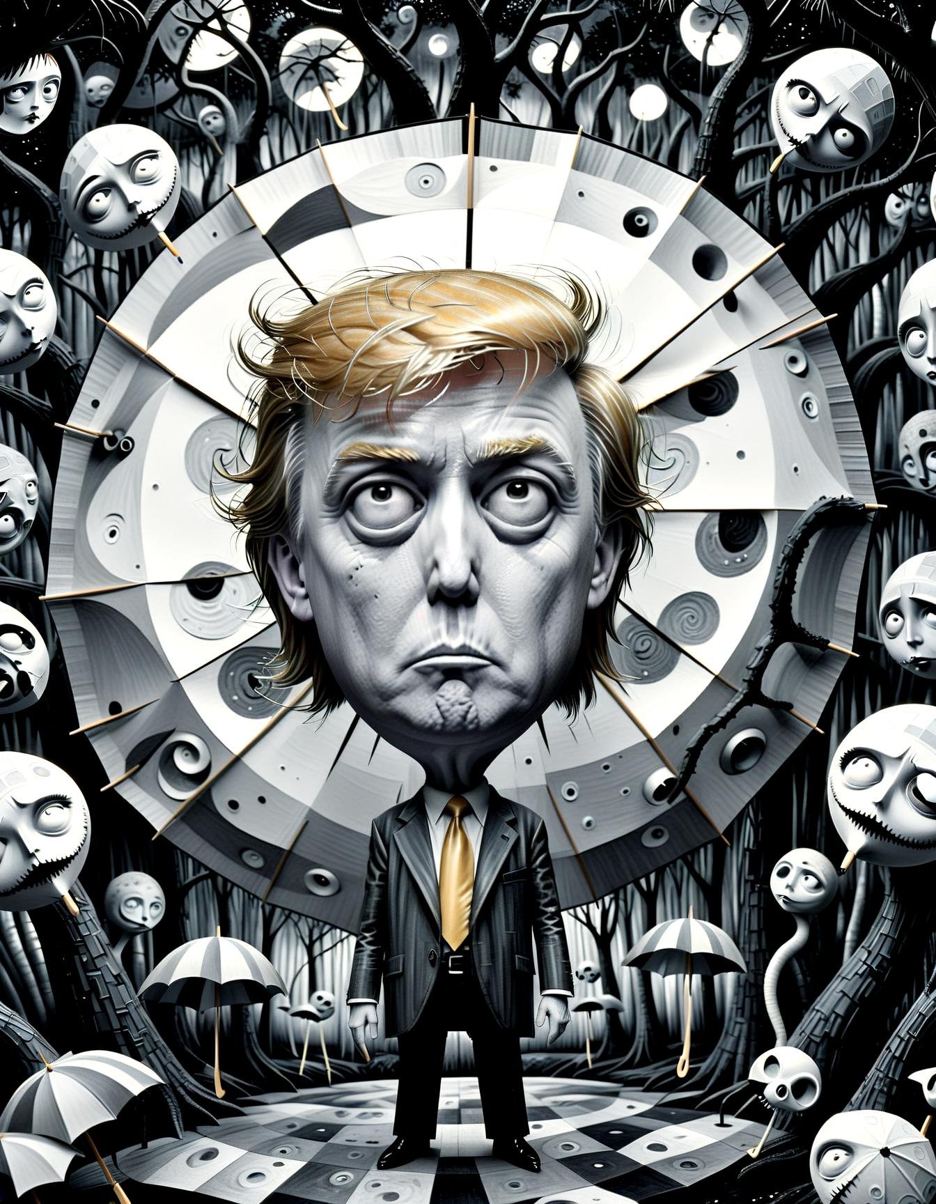 monochrome (pencil scektch:1.1),close up portrait (donald trump:1.3) Beneath the Tim Burton moon, a forest of umbrella-shaped trees emerges. a kaleidoscope of geometry patterns, adds to the surreal nature of the scene, dance of madness and geometry.,(hand drawn with pencil:1.15), (tim burton style:1.27), ,
