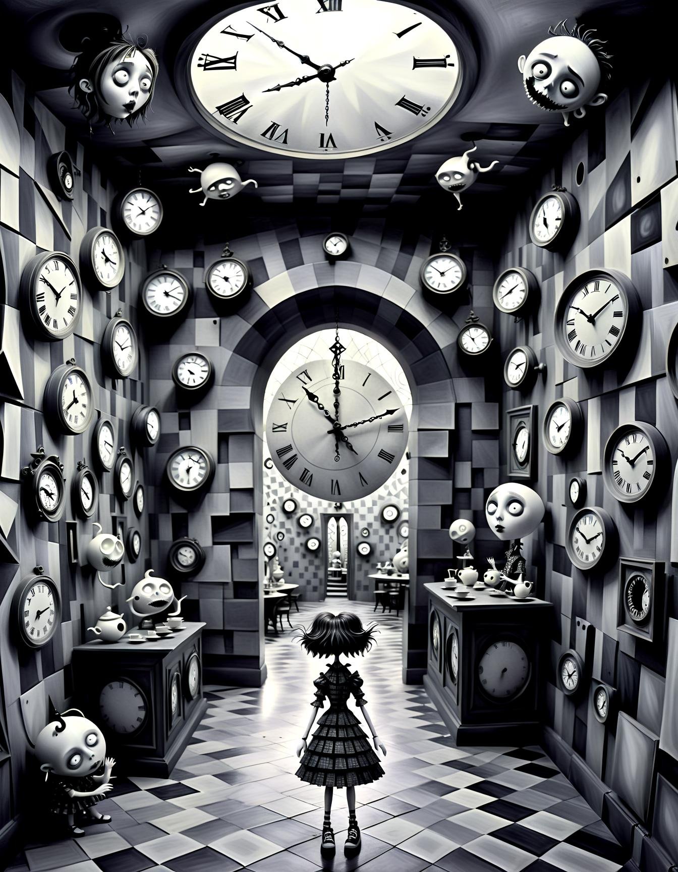 monochrome (pencil scektch:1.1),Within the labyrinthine halls of a Tim Burton-inspired mansion, clocks with faces and limbs hang on the walls, each showing a different time zone of a surreal world. Eccentric inhabitants, wearing outfits featuring dizzying geometry patterns, converse with floating teapots and levitating books. The scene unfolds like a mad tea party, blending Burton's whimsy with the mesmerizing chaos of geometric wonders.,(hand drawn with pencil:1.15), (tim burton style:1.27), ,
