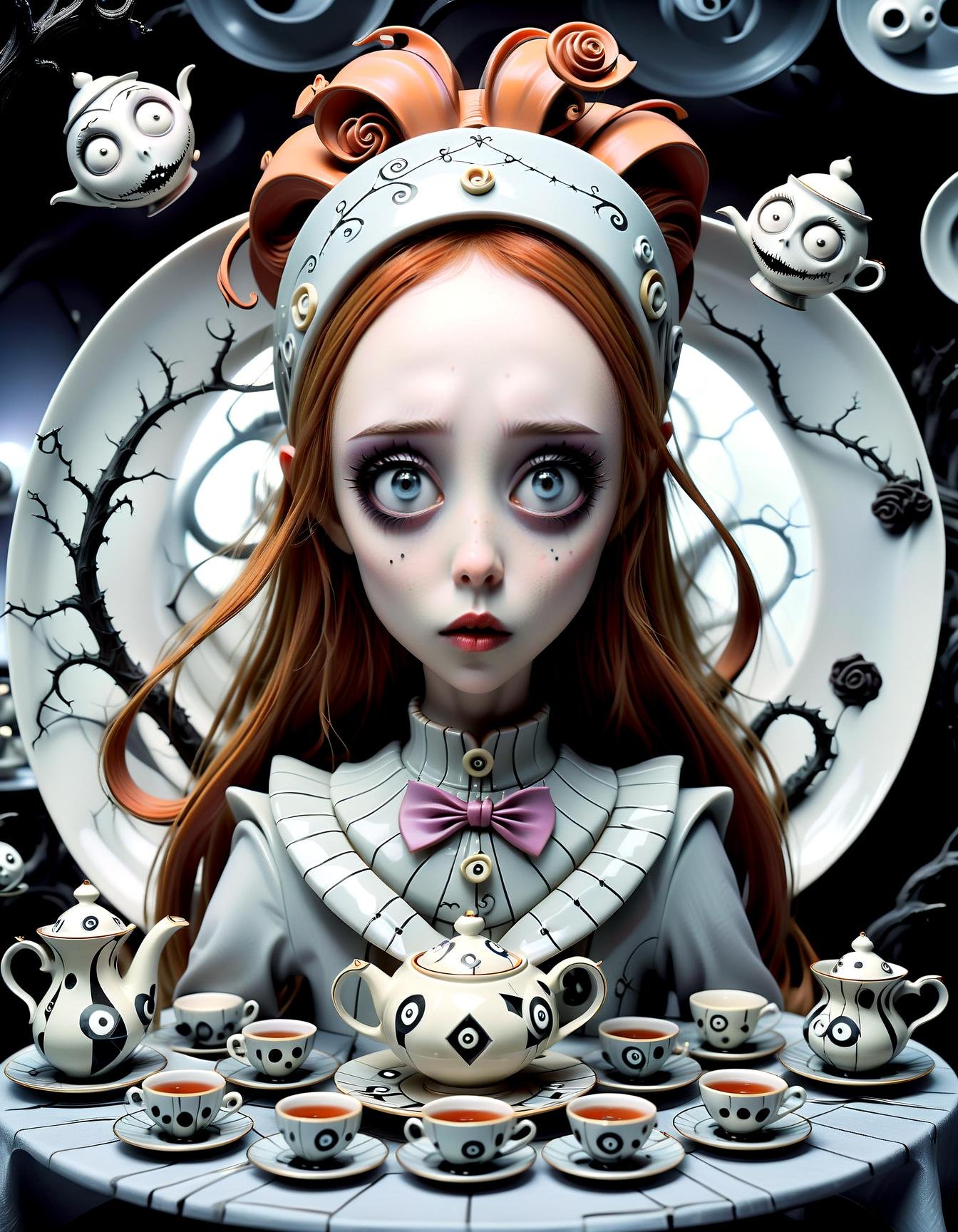 Asuna, with her ethereal anime beauty, finds herself in a Tim Burton-themed tea party. The table, set with geometrically impossible teacups and plates, becomes a stage for surreal conversations. Asuna's eyes, reflecting the peculiar geometry around her, hold a mixture of amusement and intrigue. The Mad Hatter, wearing a coat adorned with anime-style illustrations, pours tea from a teapot shaped like a Möbius strip. It's a whimsical blend of anime magic and Burtonesque madness, where reality bends and fantasy takes flight.,(hand drawn with pencil:1.15), (tim burton style:1.27), ,
