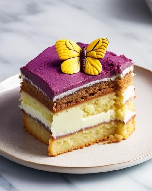 a piece of cake sitting on top of a plate with a flower in the middle of it and a butterfly on top of the cake, no_humans