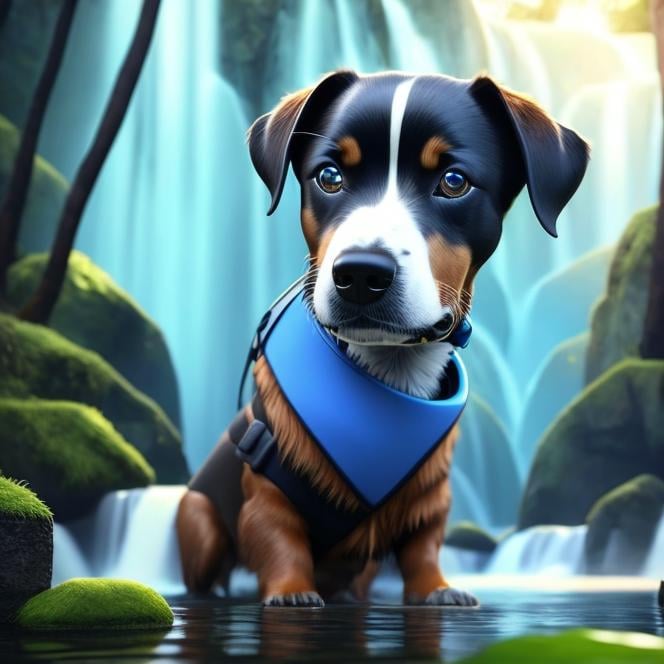 a blurry camera, in render, picture, eyes, animal, 3d humans, no solo, illustration, focus, the dog, letterboxed, as 3 style at stylized that blue realistic adorable collar, adventure water, realistic, style, waterfall, d there painting, looking is stylized, photorealistic nature, animal hyper ultra of dog render digital, no humans, collar, dog, blue eyes