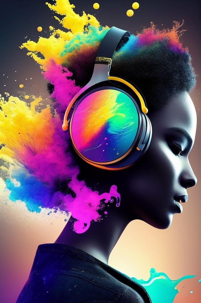 brightly colored headphones with a splash of paint and music notes, vibing to music, artistic illustration, stunning artwork, music is life, beautiful digital artwork, headphones on, listening to music, music poster, synesthesia, music in the air, listening to godly music, style hybrid mix of beeple, headphones, digital artwork 4 k, side profile artwork, no humans, planet, space, black background, cable, simple background, concept art, cinematic, dramatic, intricate details, dark lighting