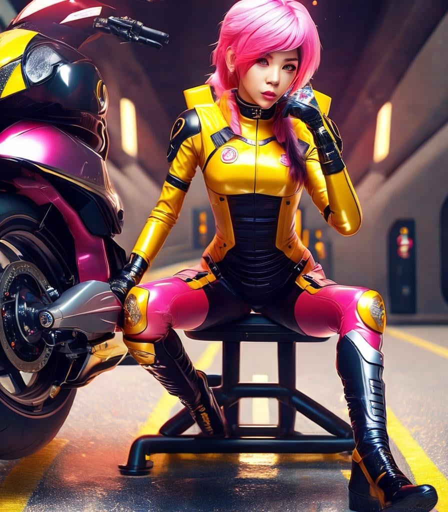 pink armor, tracer in a skintight dress, anime girl of the future, perfect anime cyborg woman, female anime character, girl wearing robotic suit, anime girl cosplay, female action anime girla girl in yellow and black sitting on a bench, tracer in a skintight dress, render of a cute 3d anime girl, powerful woman sitting in space, beautiful woman in spacesuit, sci fi female character, beautiful anime girl squatting, the anime girl is crouching, senna from league of legends, cute girl wearing tank suit, female cyberpunk anime girla girl in red riding a motorcycle, picture of a female biker, lady in red armor, akira cgi movie stills, sitting on a motorcycle, wearing a red o