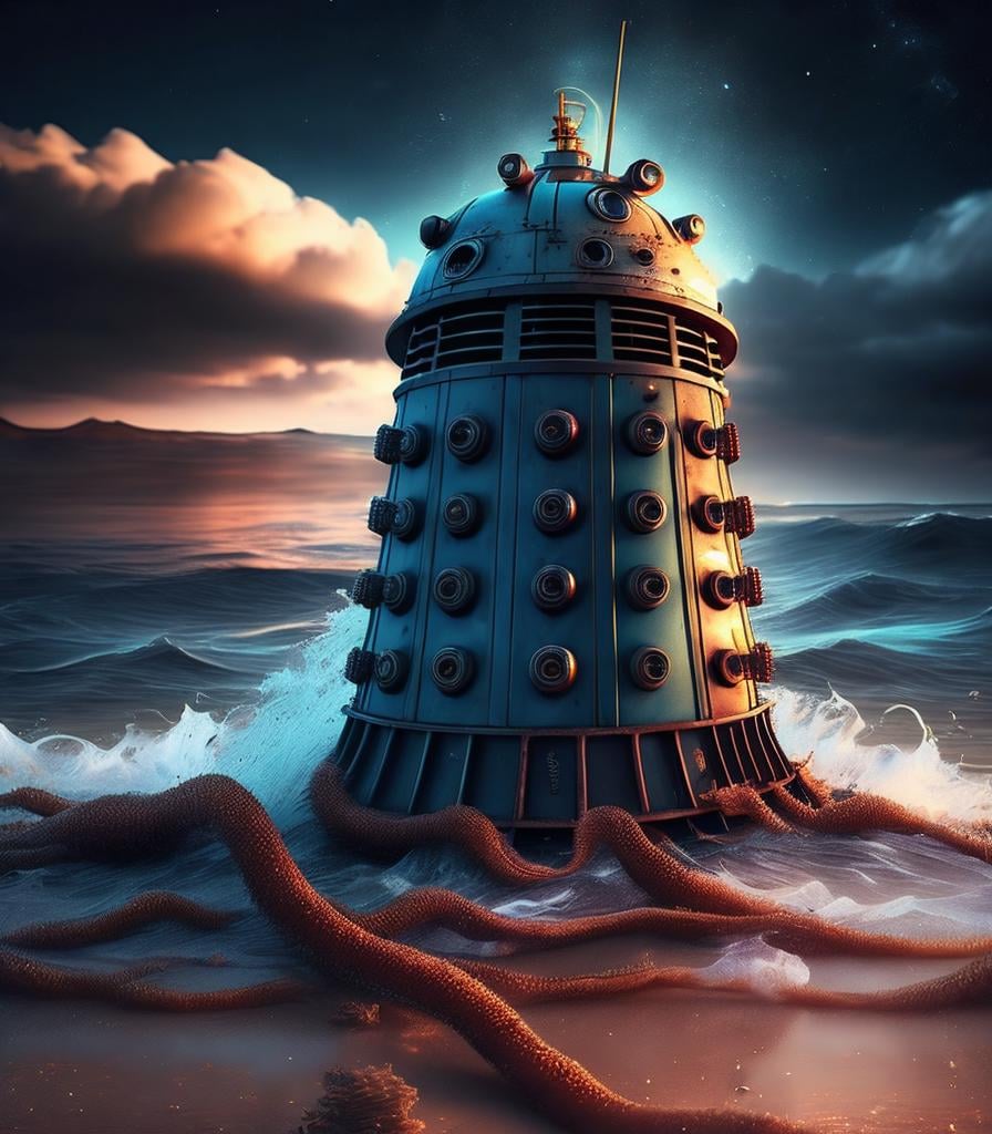 waves, ocean, (youkan) , stage_lights, night, cloudy_sky, rust, tentacles, Dalek, (masterpiece:1.3) , (best_quality:1.3) , (ultra_detailed:1.3) , 8k, extremely_clear, realism, (ultrarealistic:1.3)