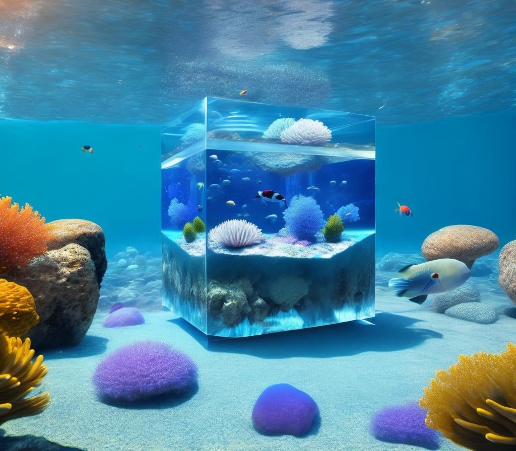there is a large aquarium with many fish in it, surreal 3 d render, underwater crystals, rendered in cinema4d, deep sea landscape, rendered in cinema 4 d, masterpieceunderwater scene, deep underwater scene, depicted as a 3 d render, underwater scene, 3d render digital art, closed ecosystem, underwater crystal caverns, undersea, 3 d artistic render, rock, no humans, scenery, underwater, crystal, blue theme, stone, cube, debris, air bubble, water