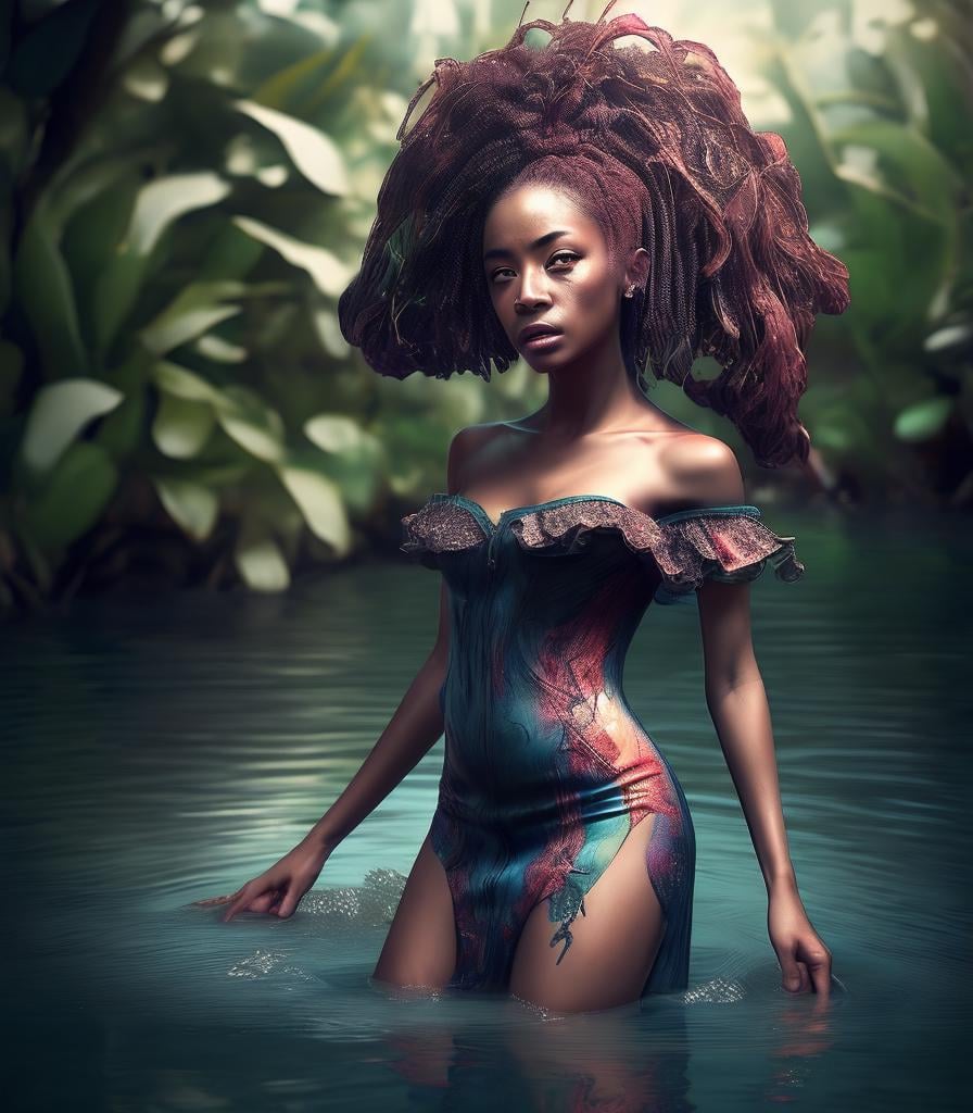 Ignorant, Ivorian foliage, Fearful, F/2.8, artstation, flat lighting, (flyweight American Anthropomorphic Eel, wearing Miller Off-the-shoulder dress and sandals, looking towards camera, Acclaimed hair:1.3) , epic fantasy, Adobe, art by William Henry Hunt, Deformed, Dark, [lake|garden], trending on CGSociety, Canon R5, four colors, taiji, Highres