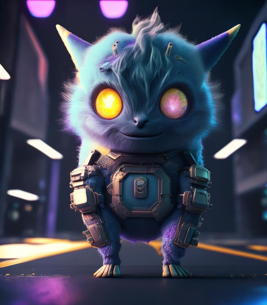 high quality 3d render neo-cyberpunk very Shabby Chic half fluffy Leviathan half cyborg with Empty Eyes, mechanical paw, highly detailed, unreal engine cinematic smooth, in the style of detective pikachu, hannah yata charlie immer, neon dark indigo light, low angle, uhd 8k, sharp focus