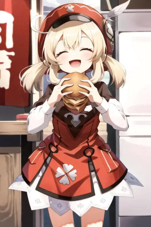klee, red dress,   eating a hamburger, nom hamburger, <lora:HamburgeranimeV1:0.6>,  half bitten, inside, home, cheese, two hands, smile, open mouth, solo, cute, hat,  <lora:klee:0.9>