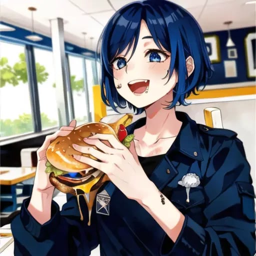 1girl, eating a hamburger, nom hamburger, blue hair, <lora:HamburgeranimeV1:0.8>, ((dirty face)), half bitten, restaurant, cheese, two hands, short hair, cute face, black jacket, smile, open mouth