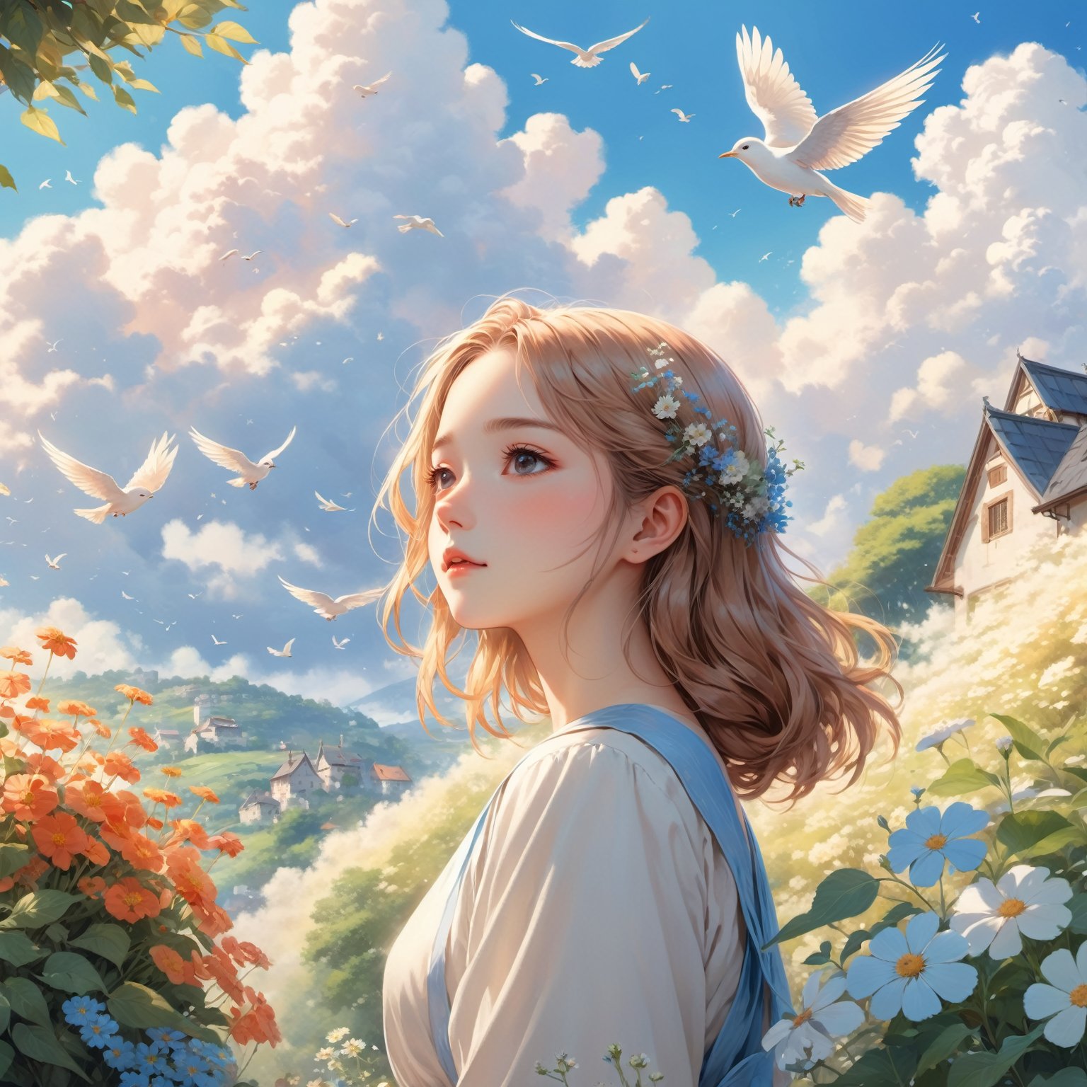 (best quality,illustration,masterpiece:1.2,high-res:1.1),illustration,1girl,cute girl,floral,cloud,bird,flowers in herhair,peaceful scene,soft sunlight,harmonious colors,vibrant atmosphere,dreamy,vivid details,gentle breeze,fairytale-like,delicate lines,pastel colors,serene,vibrant blue sky,serene expression,beautiful landscape,serenity,harmony,blissful,garden scenery,pleasant,magical,tranquil,charming,whimsical

,Anime 