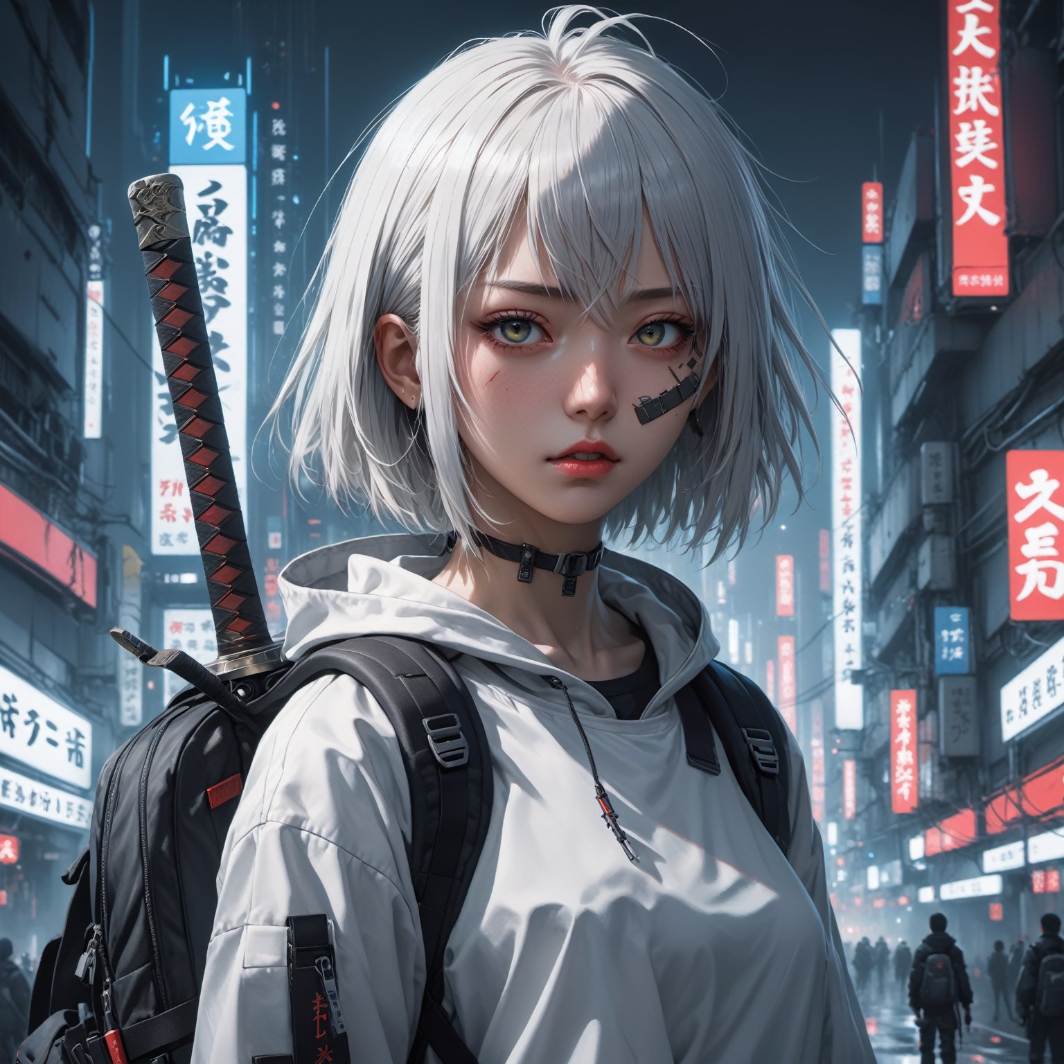 anime - style image of a woman with a sword and a backpack, guweiz, badass anime 8 k, wearing japanese techwear, artwork in the style of guweiz, anime style 4 k, e-girl, e - girl, cyberpunk streetwear, from arknights, anime style. 8k, digital cyberpunk anime art, short white hair, asymmetrical bangs, insanely detailed face and eyes, Perfect lips, dramatic, cinematic lighting, fine expression, fine detail, cyberpunk art, illustration, masterpiece, drawing, anime art, in the style of Yusuke Murata.


,Anime 