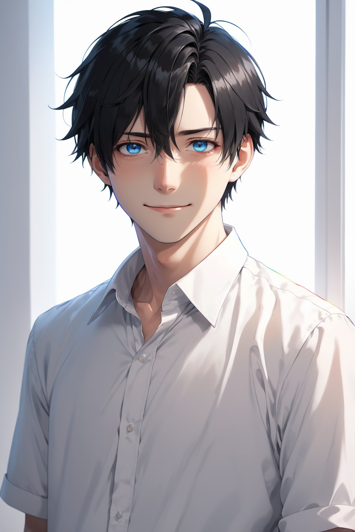 a smile,White room background,Black hair, Anime style, Character Chart, One-person viewpoint,white shirt,Anime Boy, young anime man, anime moe art style, Anime Boy, Smooth Anime CG Art, Male anime style, artwork in the style of guweiz, A cute boy,rainbows,Anime portrait of a handsome man, digital anime illustration, Short anime guy with blue eyes, male anime characters, boy has short black hair,nffsw,


,Anime 
