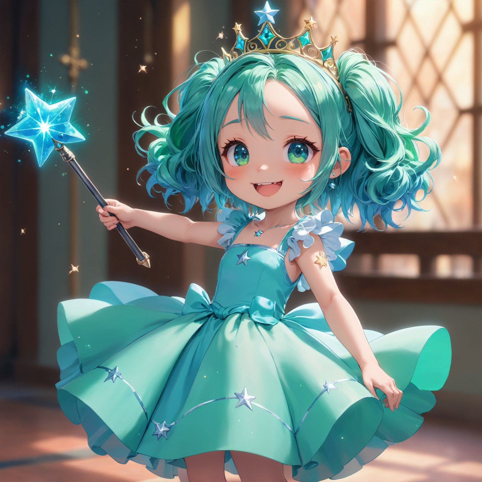adorable_eyes, mischievous_smile, perfect hands, charming_outfit, fluffy_pet, kawaii_pose, pastel_background, star-shaped_weapon, magic wand, blue green hair, princess tiara, blue green dress, masterpiece, best quality, highly detailed, sharp focus, dynamic lighting, vivid colors, texture detail, particle effects, storytelling elements, narrative flair, 16k, UE5, HDR, subject-background isolation



,Anime 