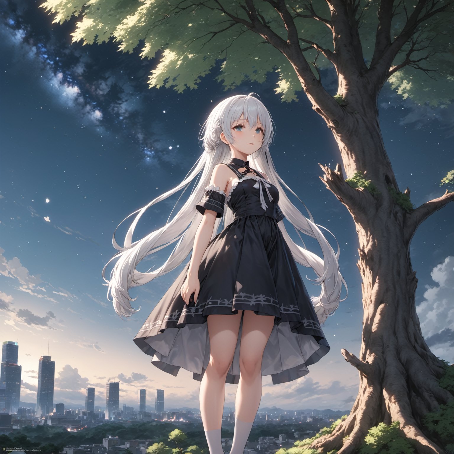 The background is a city, perfect white-haired girl, loli in dress, white-haired, white-haired god, cute anime waifu in beautiful clothes, gray-haired, best anime 4k konachan wallpaper, little curve loli, guvez on Pixiv ArtStation, white-haired girl, nightcore, standing on a tree, looking up at the stars, face super detailed
