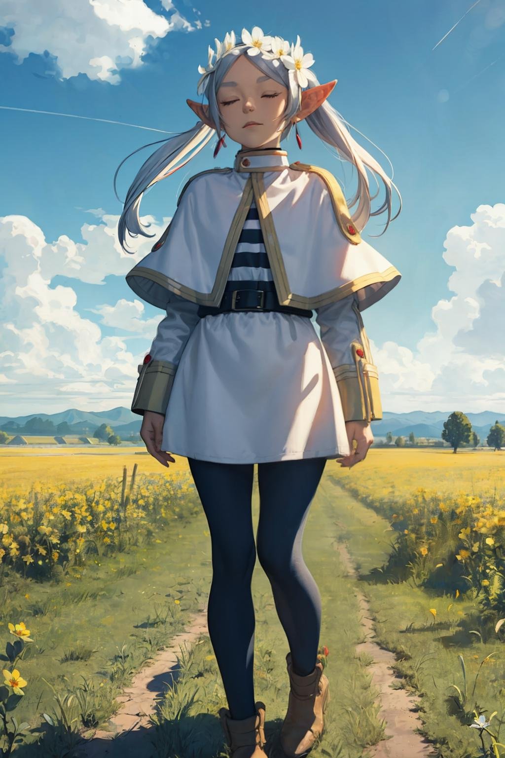 masterpiece, best quality,1girl, flower, solo, , closed eyes, sky, flower field, field, day, white capelet, cloud