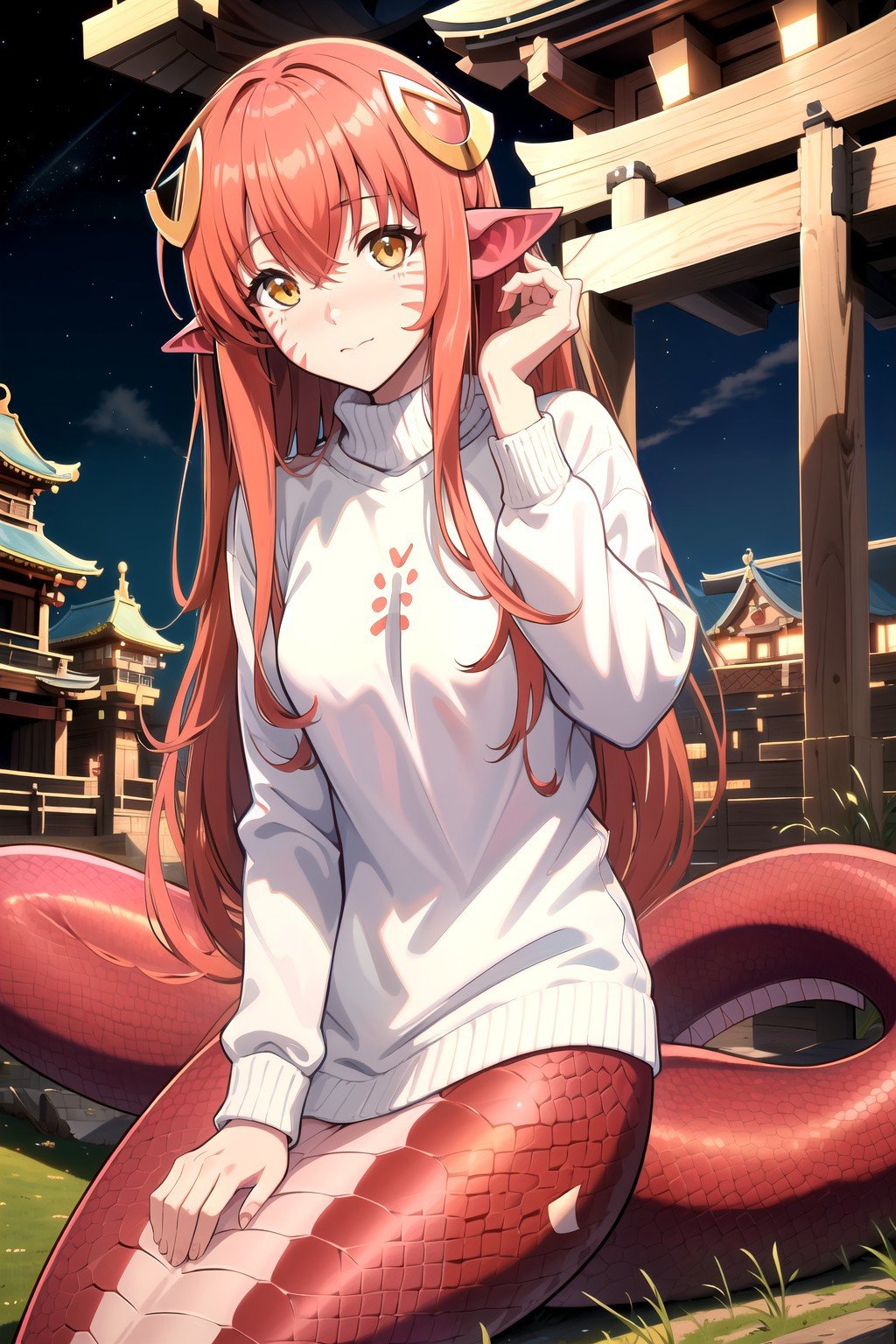 (masterpiece, best quality, highres), anime art style, pixiv, 1girl, solo,shrine, pov, night, scenery, blush, looking at viewer,fupper body, sitting, from from above,miia, miia \(monster musume\), monster musume no iru nichijou,lamia, hair ornament, pointy ears, facial mark, white sweater,<lora:miia:0.65>