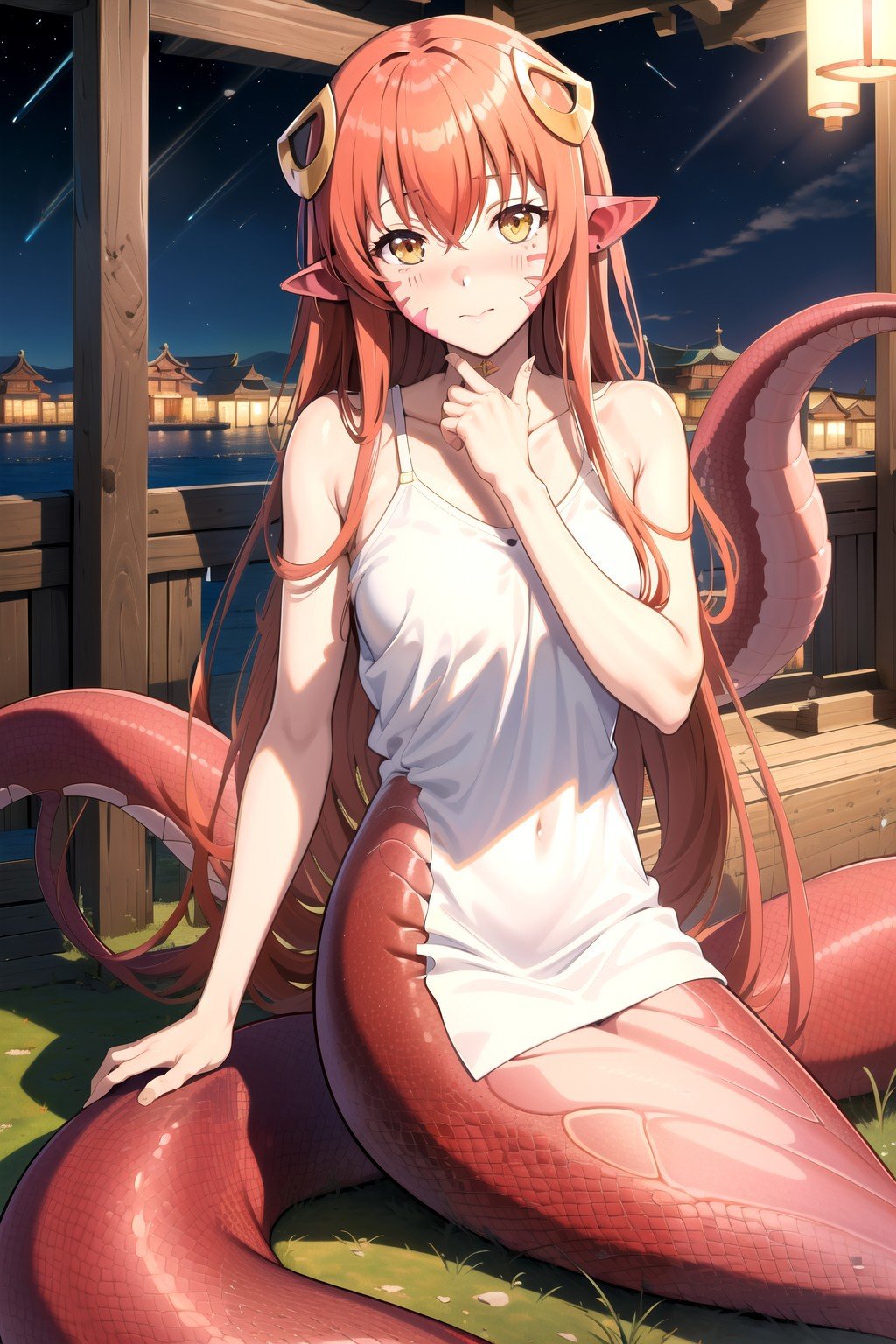 (masterpiece, best quality, highres), anime art style, pixiv, 1girl, solo,shrine, pov, night, scenery, blush, looking at viewer,fupper body, sitting, from from above,miia, miia \(monster musume\), monster musume no iru nichijou, lamia, hair ornament, pointy ears, facial mark,<lora:miia:0.65>