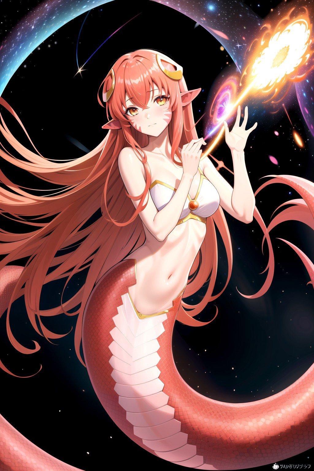 (masterpiece, best quality, highres), anime art style, pixiv, 1girl, solo,supernova, abstract, abstract background, (bloom, swirling lights, light particles),fire, galaxy, floating, romanticized, blush, looking at viewer,miia, miia \(monster musume\), lamia, hair ornament, pointy ears, facial mark, <lora:miia:0.7>