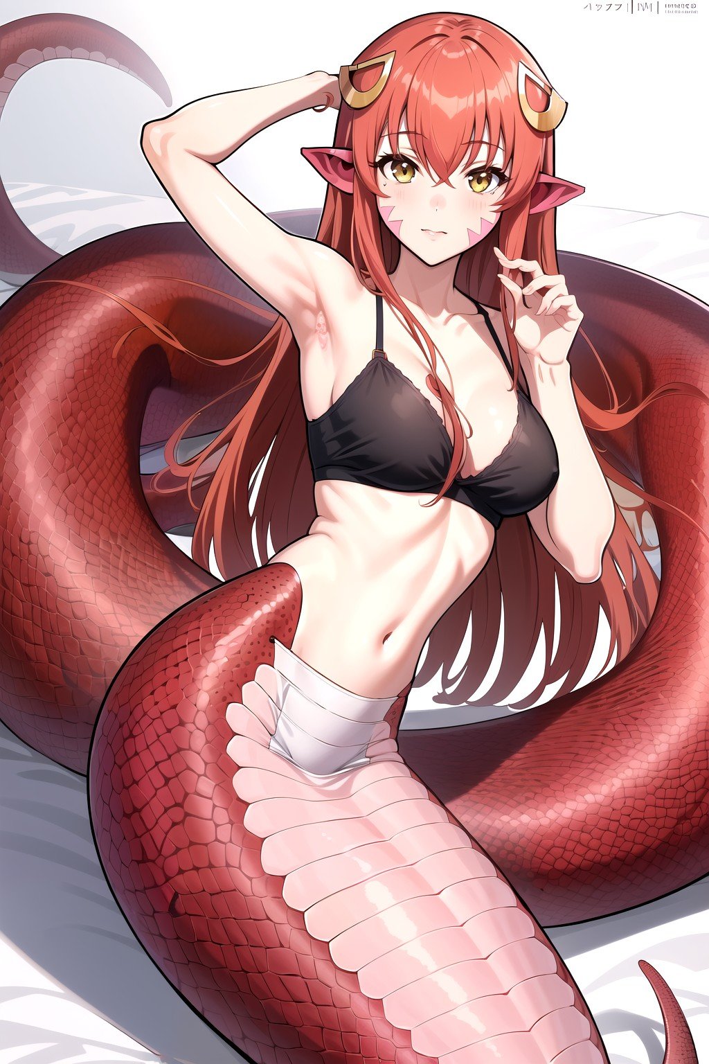 (masterpiece, best quality, highres), anime art style, pixiv, 1girl, solo,romanticized, blush, looking at viewer, pov,miia, miia \(monster musume\), monster musume no iru nichijou,lamia, monster girl, scales, facial mark, hair ornament, pointy ears,<lora:miia:0.7>