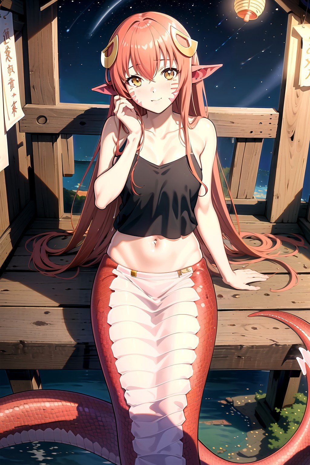 (masterpiece, best quality, highres), anime art style, pixiv, 1girl, solo,shrine, pov, night, scenery, blush, looking at viewer,fupper body, sitting, from from above,miia, miia \(monster musume\), monster musume no iru nichijou,lamia, hair ornament, pointy ears, facial mark,<lora:miia:0.7>