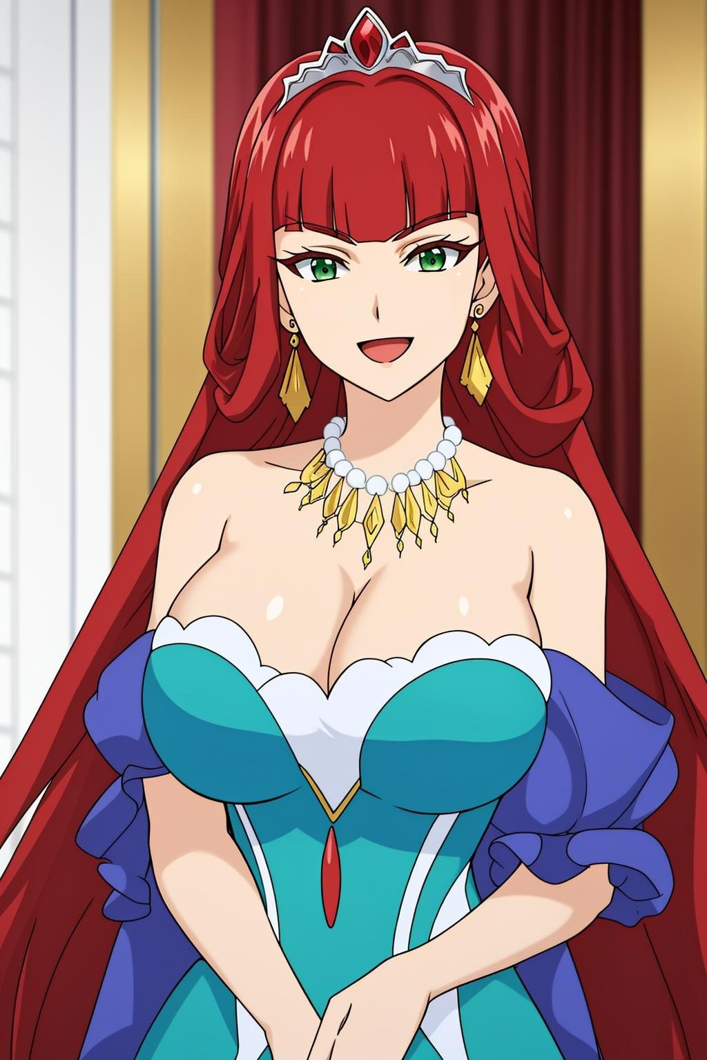brioche, 1girl, solo, long_hair, breasts, looking_at_viewer, smile, open_mouth, bangs, large_breasts, dress, cleavage, bare_shoulders, jewelry, green_eyes, upper_body, :d, red_hair, blunt_bangs, necklace, blue_dress, tiara