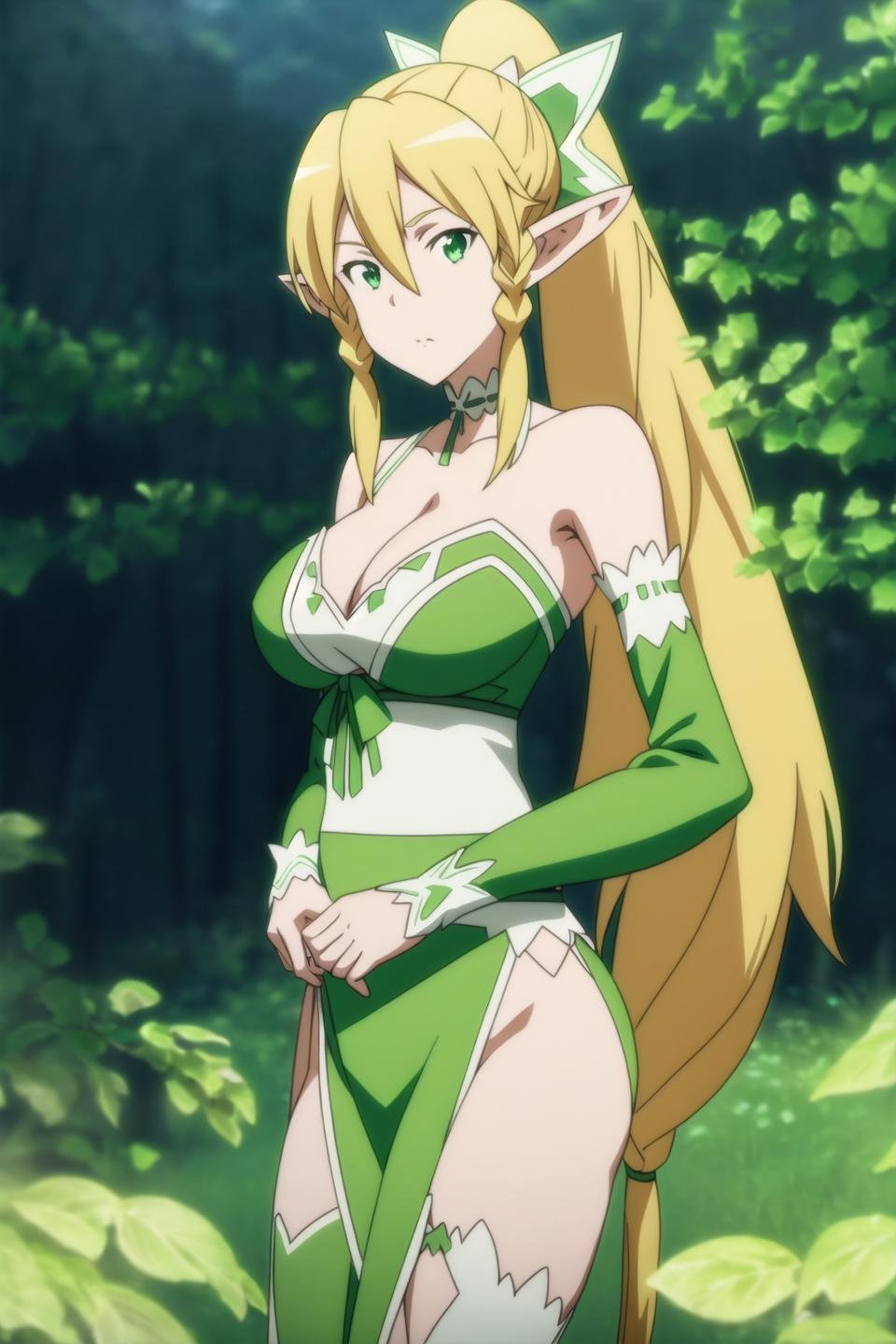 leafa, anime art style, 1girl, solo, long_hair, breasts, blonde_hair, cleavage, medium_breasts, green_eyes, upper_body, ponytail, braid, choker, pointy_ears, twin_braids, elf, side_braid