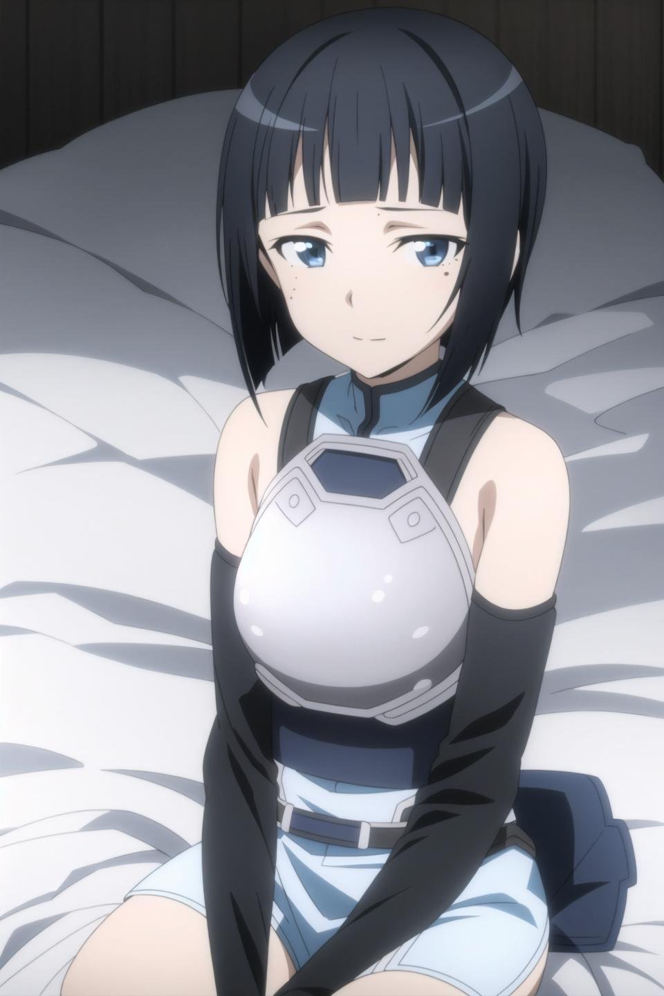 sachi, anime art style, 1girl, solo, looking_at_viewer, short_hair, blue_eyes, black_hair, sitting, armor, mole, mole_under_eye, on_bed, seiza, between_legs, breastplate