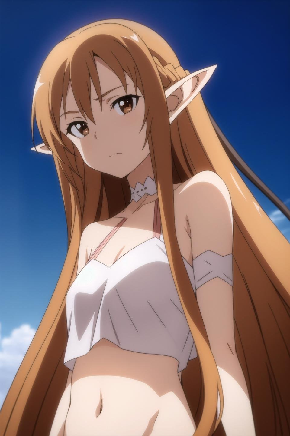 asuna_elf, anime art style, 1girl, solo, long_hair, looking_at_viewer, brown_hair, navel, bare_shoulders, brown_eyes, very_long_hair, closed_mouth, upper_body, sky, pointy_ears, midriff, blue_sky, crop_top, frown, elf, fantasy, ear_covers