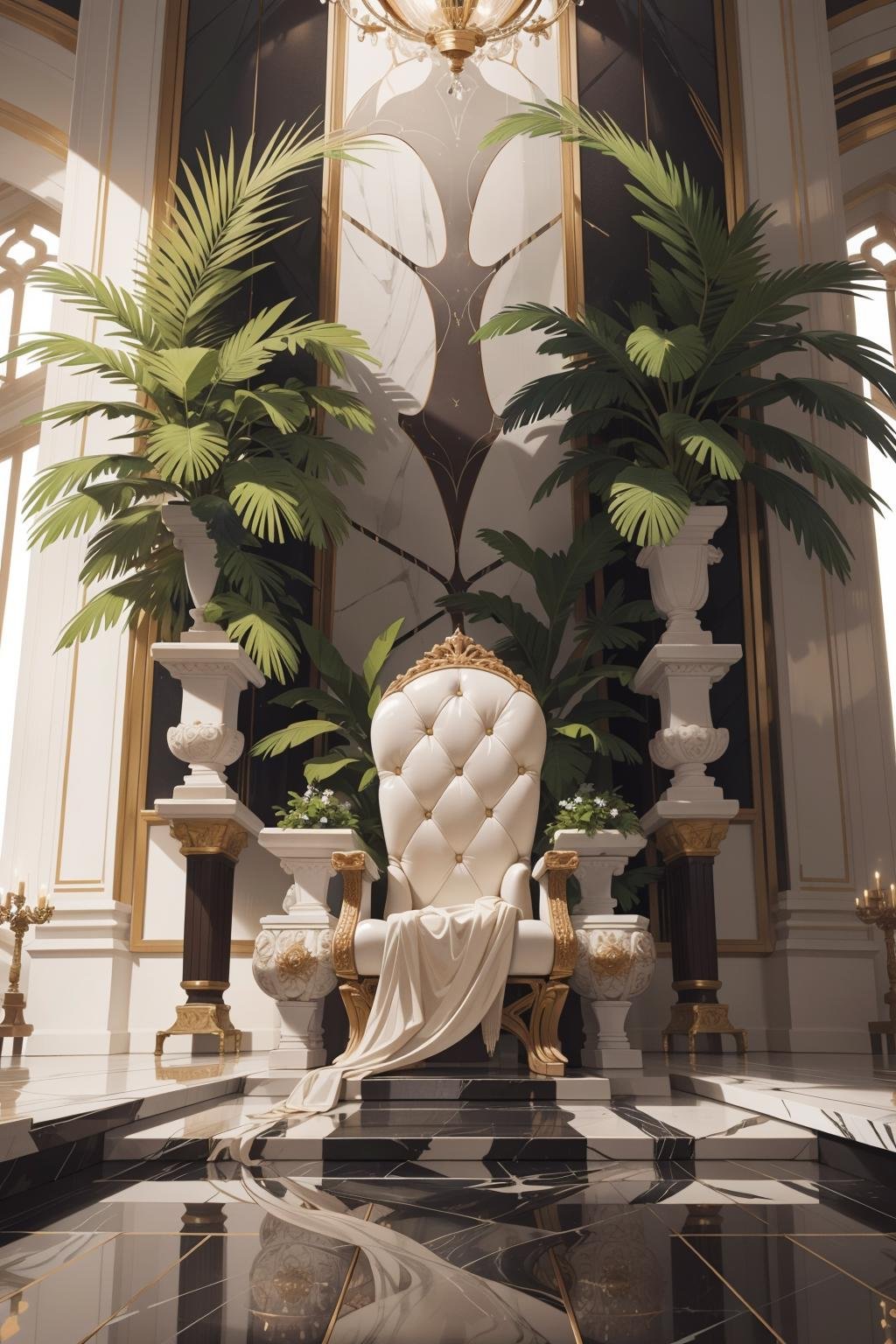 extreme quality, realistic photo of reflective marble flooring, (throne), nature, luxury, plants, supreme, ultra-detailed, extreme quality, masterpiece, 8k, intricate details, no humans