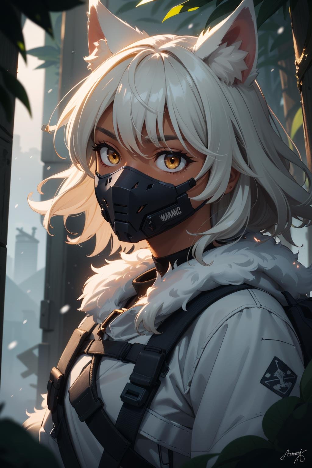 photo of cute army girl, detailed face+eyes, tactical clothing, (white fox girl,animal ear fluff, (fluffy hair), medium hair, attractive, yellow eyes, picturesque, sporty, (dark skin:1.2), (tactical mask), upper body, dynamic angle, mad, by Jeremy Lipking, by Antonio J Manzanedo, (by Alphonse Mucha:0.5), masterpiece, (pov), metal, foggy snowy jungle, varied depth of field, captain