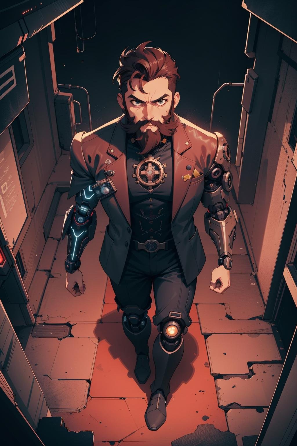 1boy, male focus, solo, facial hair, wild beard, (toned:0.1), dark [red|black] hair, formal, looking at viewer, (from above:0.9), suit, dark theme, ([cyberpunk|steampunk]:1.3), cartoon stylish, (expressive), (cybernetic:1.18), superman, toned, serious, vibrant, (colorful, thick outlines, flat color:1.12), fantasy