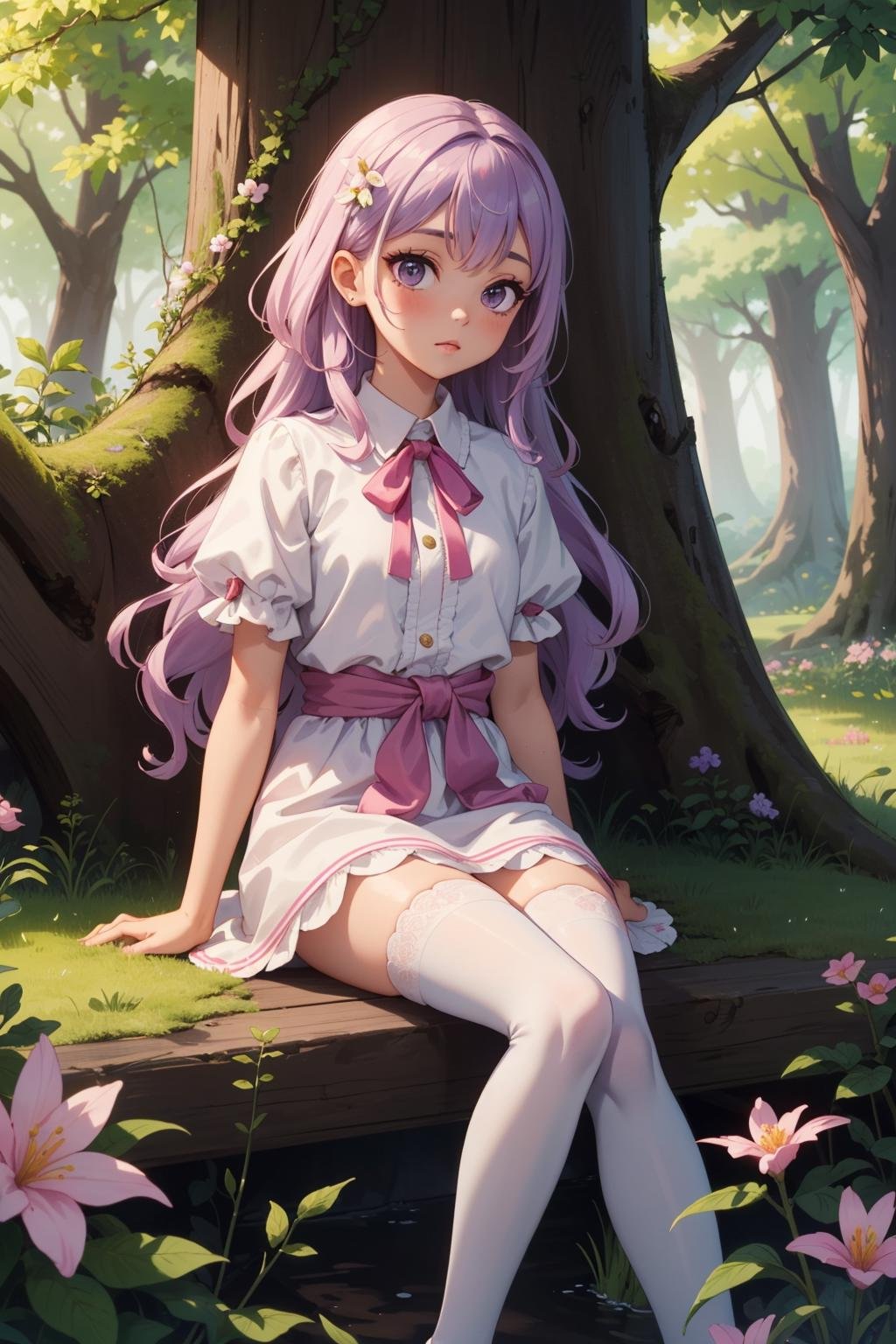 detailed background, superb, 1girl, long hair light purple hair, curly hair, cute, eyelashes, sitting, white dress, pink ribbon around her waist, pink flats, white thighhighs, beautiful 8k wallpaper, outdoors, nature, tree, bush, flower, rustic, extremely detailed, intricate