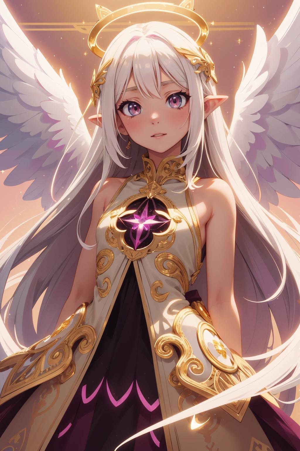 (intricate details), (****), eldritch, (dream), illustration, heaven background, 1girl, white hair, golden eyes, long hair, halo, angel wings, serene, looking at viewer, black, (magenta:1.2), (white:0.8), immaculate, heroic \(theme\), glow, glowing eyes, (sparkly:0.9 gold), (arms at sides:1.3)