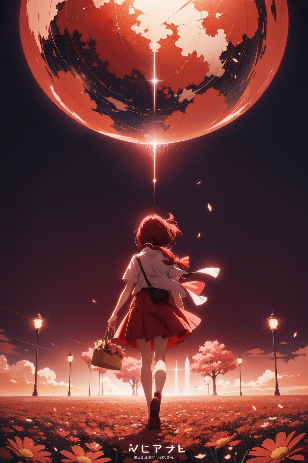 anime opening, (1girl), solo, a dreamscape aesthetic in Red theme atmosphere, mosaic background, happy, flowers, (wallpaper style), movie trailer, cinematic, screencap, still shot, true perception, comfortable