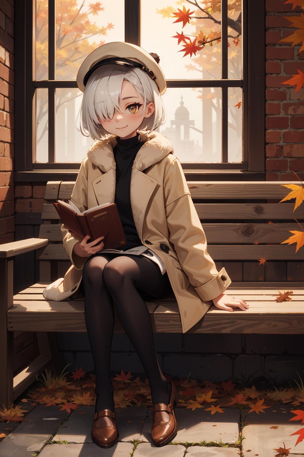 depth of field, (autumn light:1.2), 1girl, white hair, short hair, long banns, golden eyes, hair over one eye, put book on her knee, slight smiling, beige fur coat, black painters hat worn a side, black pantyhose, sitting on a wooden bench, outdoors, red brick walls behind, country streets, Windows on walls,