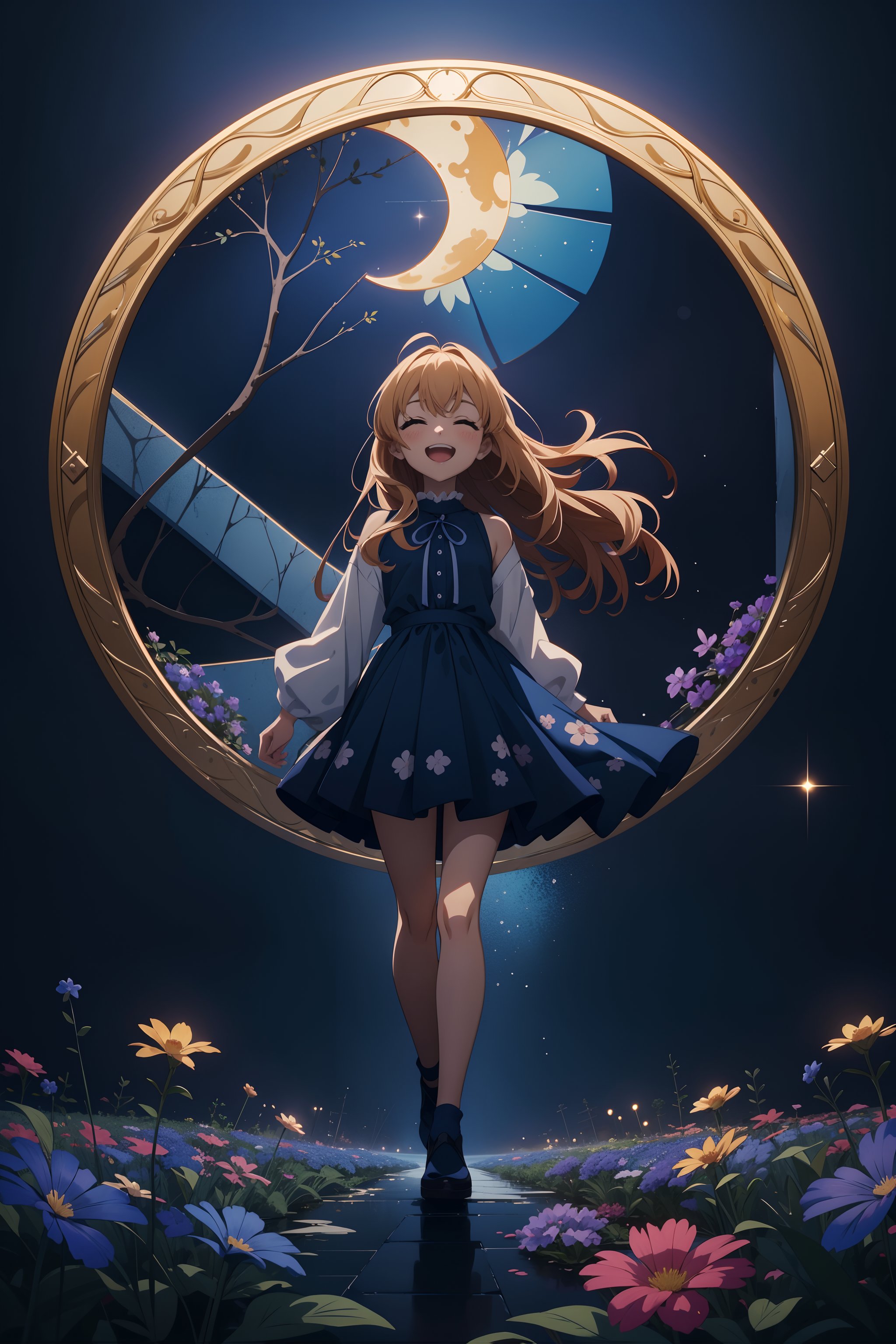 anime opening, (1girl), solo, a dreamscape aesthetic in Cobalt blue theme atmosphere, mosaic background, happy, floral, (wallpaper style), movie trailer, cinematic, screencap, still shot, true perception, comfortable