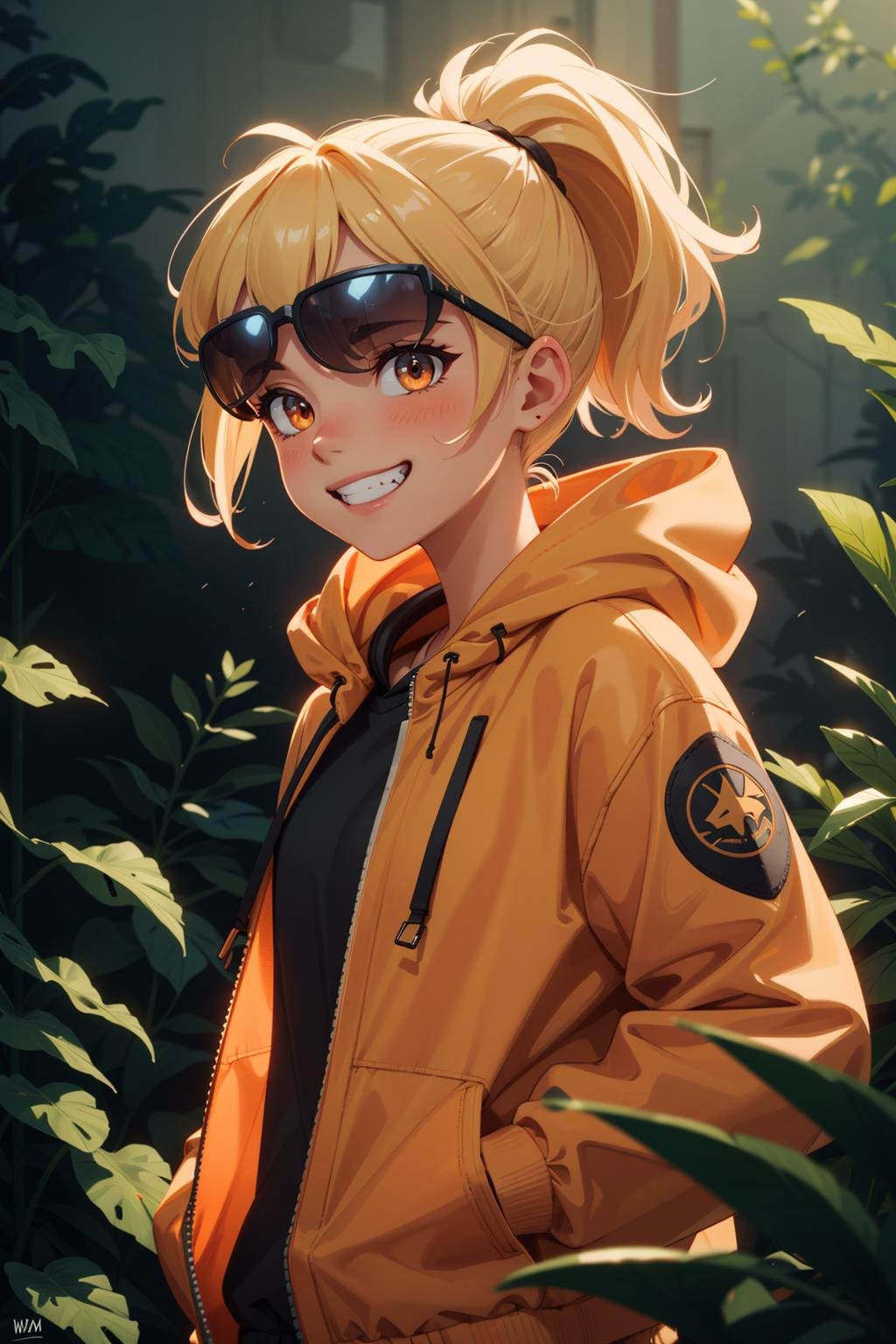1girl, solo, glowing, sunglasses, floral print, orange jacket, upper body, hood, blonde hair, evil grin, smile, happy, glowing eyes, outdoors, high pony tail, hood down, depth of field, long sleeves, orange hooded jacket, hands in pockets, (plants), (cinematic art style), neon and silhouette effect, random, (creative), flames, dark theme, ethereal