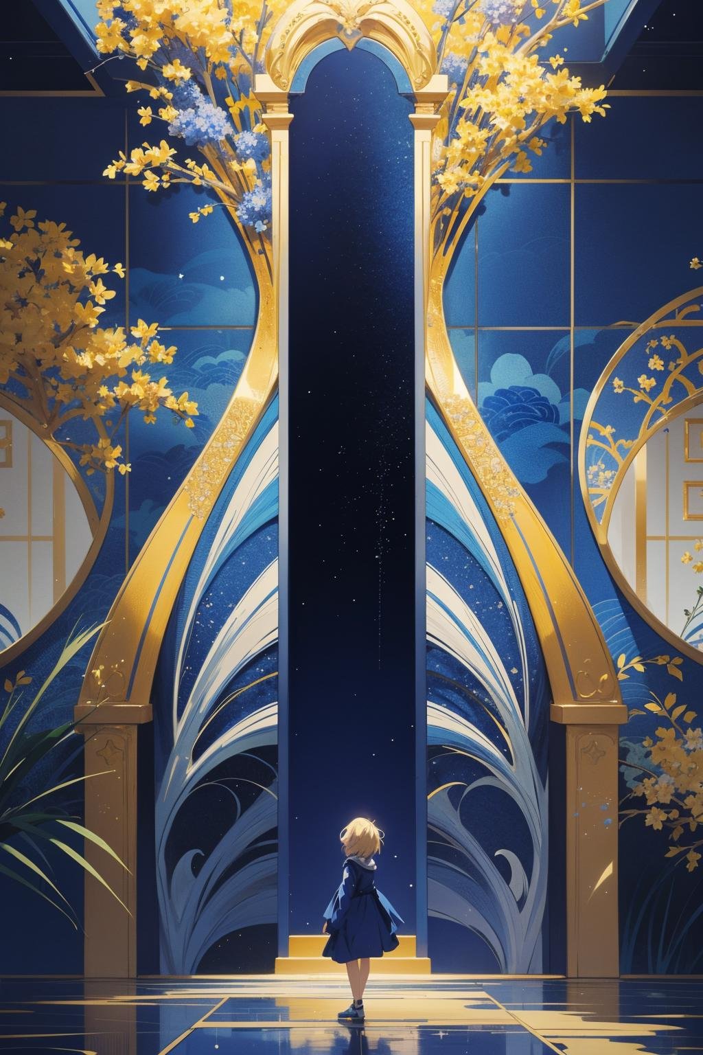 anime opening, (1girl), solo, a dreamscape aesthetic in Cobalt blue theme atmosphere, mosaic background, happy, yellow eyes, floral, (wallpaper style), movie trailer, cinematic, screencap, still shot, true perception, comfortable